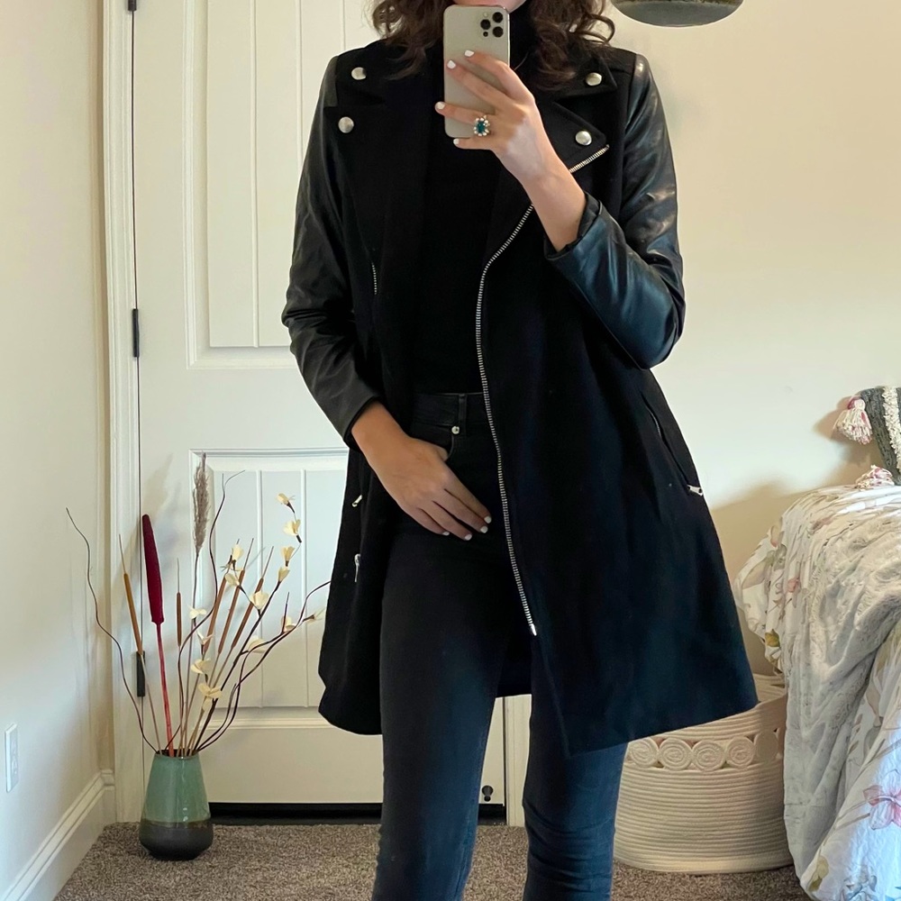 Black Long Leather and Wool Coat + Silver Hardware